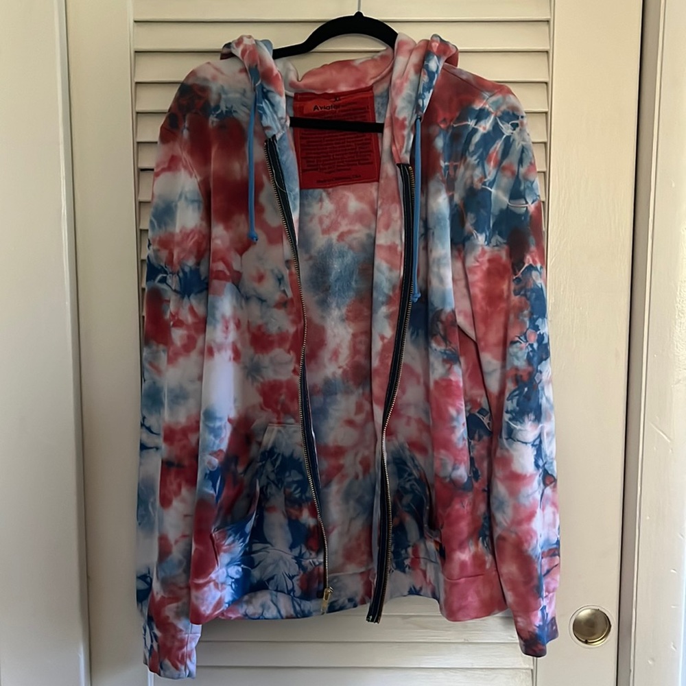 Aviator Nation Hand Dyed Zip Hoodie Tie Dye Blue and Red